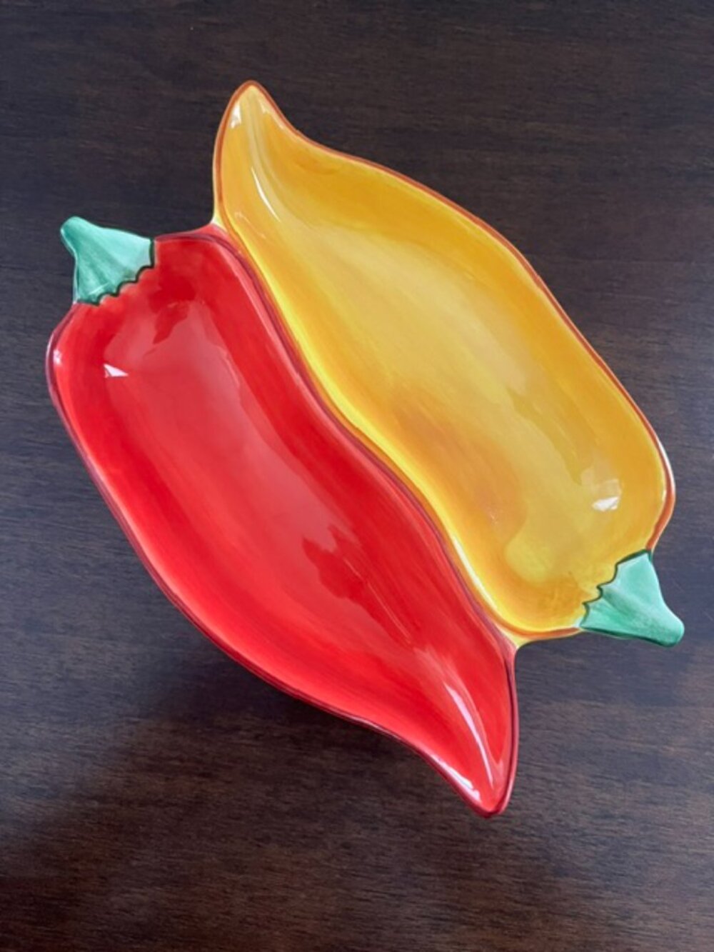 Ceramic Pepper Divided Serving Dish Red Yellow California Whimsical